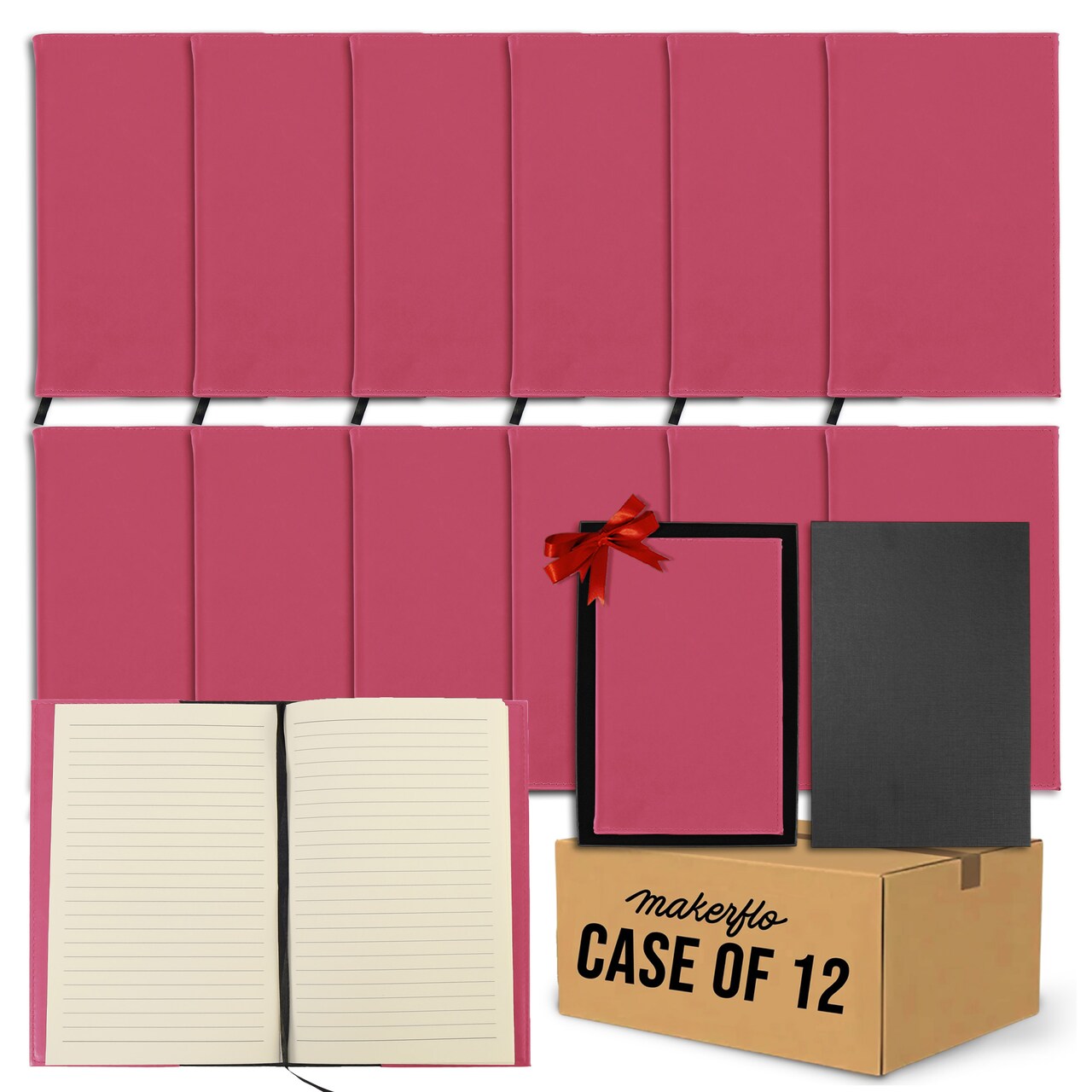 MakerFlo Laserette™ Journal Notebook – Pack of 12 Engravable and Refillable Vegan Leather Journal with Lined Pages and Gift Box, Wholesale & Bulk